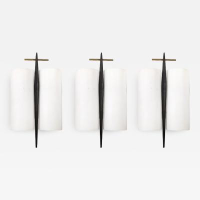 Maison Arlus Set of 3 Mid Century Frosted Glass Brass Black Enamel Sconces by Maison Arlus