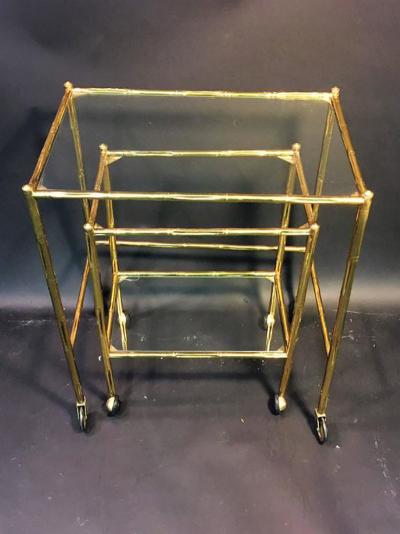 Maison Bagu s Exceptional Pair of Bagues Brass Bamboo Nexting Tables on Wheels