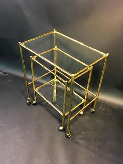 Maison Bagu s Exceptional Pair of Bagues Brass Bamboo Nexting Tables on Wheels