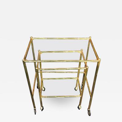 Maison Bagu s Exceptional Pair of Bagues Brass Bamboo Nexting Tables on Wheels