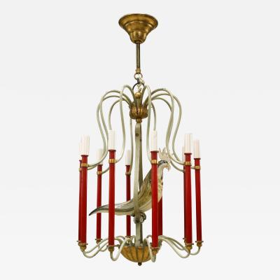 Maison Baguès French 1940s Red And White Painted Metal Chandelier