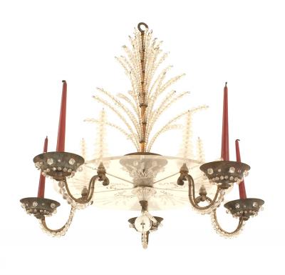 Maison Bagues French Mid Century Bronze and Glass Chandelier