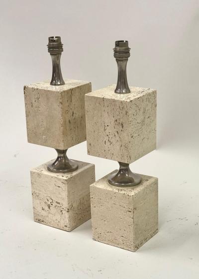 Maison Barbier Pair French Mid Century Travertine NIckel Table Lamps by Maison Barbier 1970
