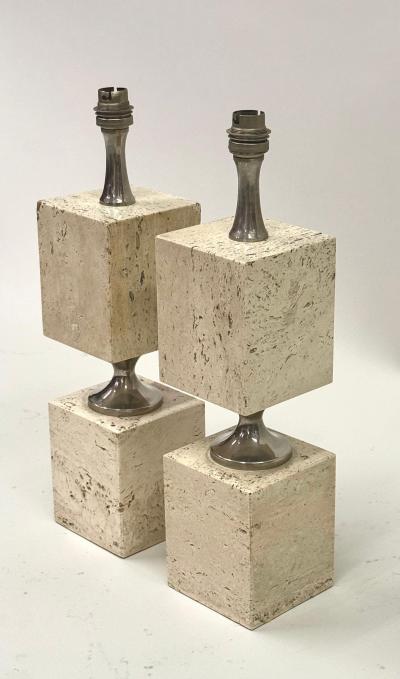 Maison Barbier Pair French Mid Century Travertine NIckel Table Lamps by Maison Barbier 1970