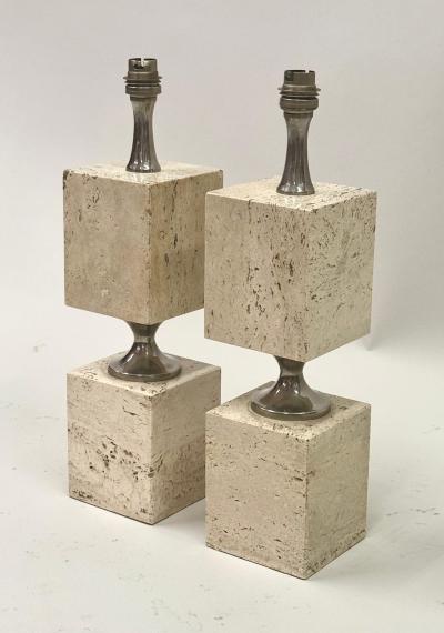 Maison Barbier Pair French Mid Century Travertine NIckel Table Lamps by Maison Barbier 1970
