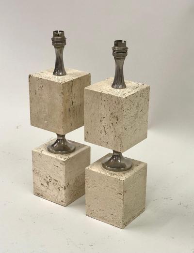Maison Barbier Pair French Mid Century Travertine NIckel Table Lamps by Maison Barbier 1970