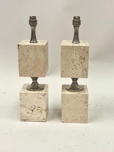Maison Barbier Pair French Mid Century Travertine NIckel Table Lamps by Maison Barbier 1970