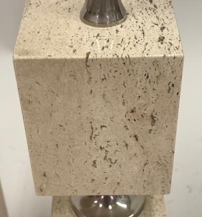 Maison Barbier Pair French Mid Century Travertine NIckel Table Lamps by Maison Barbier 1970