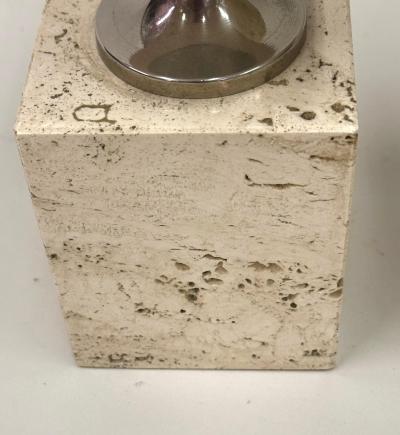Maison Barbier Pair French Mid Century Travertine NIckel Table Lamps by Maison Barbier 1970