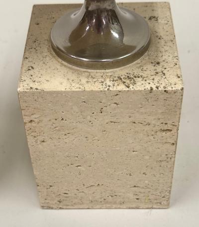 Maison Barbier Pair French Mid Century Travertine NIckel Table Lamps by Maison Barbier 1970