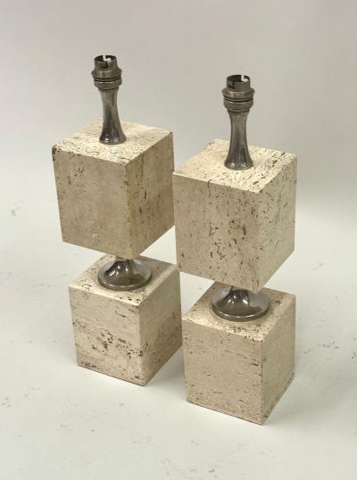 Maison Barbier Pair French Mid Century Travertine NIckel Table Lamps by Maison Barbier 1970