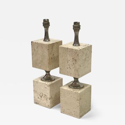 Maison Barbier Pair French Mid Century Travertine NIckel Table Lamps by Maison Barbier 1970