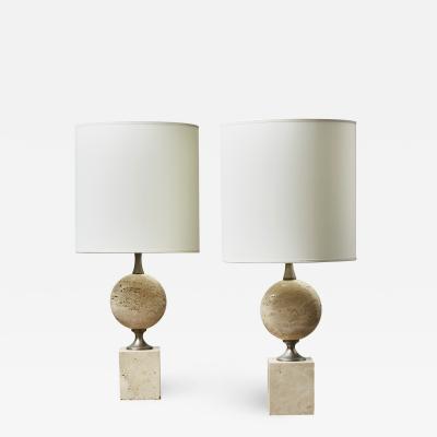 Maison Barbier Pair of Travertin and Steel Maison Barbier Table Lamps