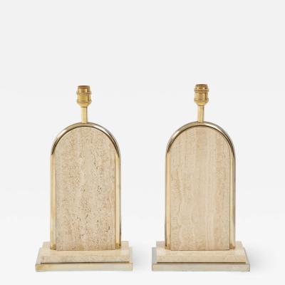 Maison Barbier Pair of travertine and gilt metal table lamps Belgium 1970s