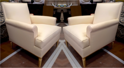 Maison Carlhian Maison Carlhian Pair of Chairs with Gold Leaf Twisted Legs Newly Covered in Silk