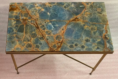 Maison Charles 1950 70 Bronze Side Table Blue Marble and Rust Tray Maison Charles Signed