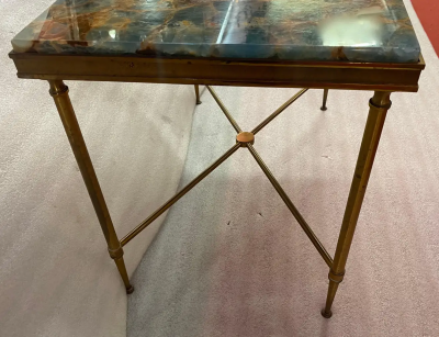 Maison Charles 1950 70 Bronze Side Table Blue Marble and Rust Tray Maison Charles Signed
