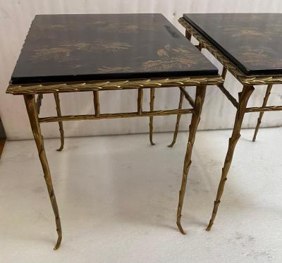 Maison Charles 1970 Pair of Bronze End Tables Maison Charles Double Sided Chinese Lacquer