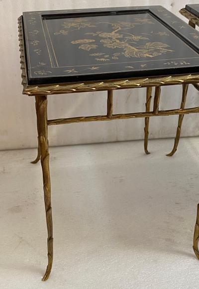 Maison Charles 1970 Pair of Bronze End Tables Maison Charles Double Sided Chinese Lacquer