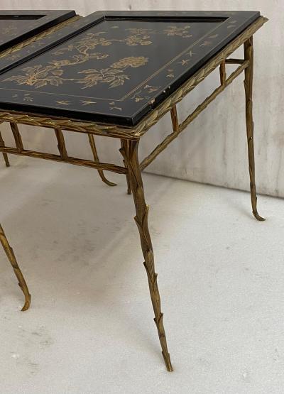 Maison Charles 1970 Pair of Bronze End Tables Maison Charles Double Sided Chinese Lacquer