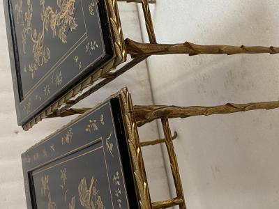 Maison Charles 1970 Pair of Bronze End Tables Maison Charles Double Sided Chinese Lacquer