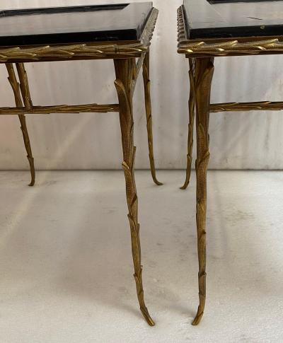 Maison Charles 1970 Pair of Bronze End Tables Maison Charles Double Sided Chinese Lacquer