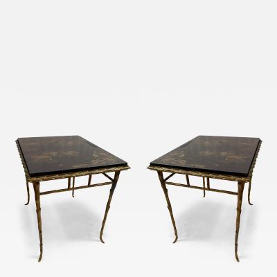 Maison Charles 1970 Pair of Bronze End Tables Maison Charles Double Sided Chinese Lacquer