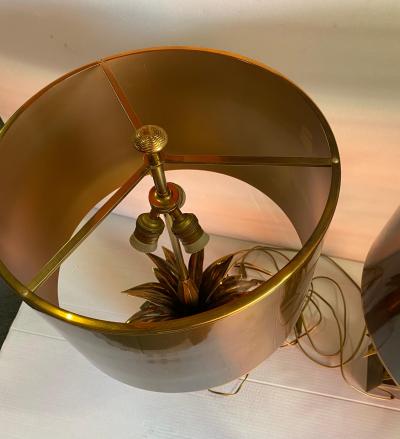 Maison Charles 1970 Set of 4 Bronze Lamps with Lotus Flower Decor Signed Charles