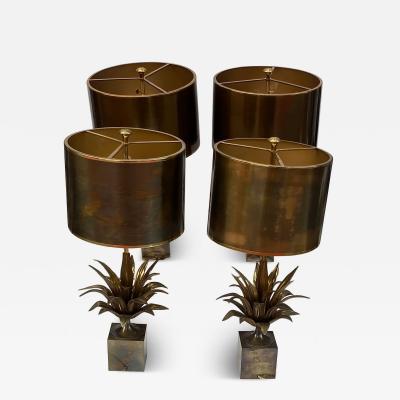 Maison Charles 1970 Set of 4 Bronze Lamps with Lotus Flower Decor Signed Charles