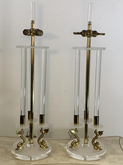 Maison Charles CLEAR FROSTED LUCITE WITH BRASS DOLPHIN LAMPS IN THE MANNER OF MAISON CHARLES