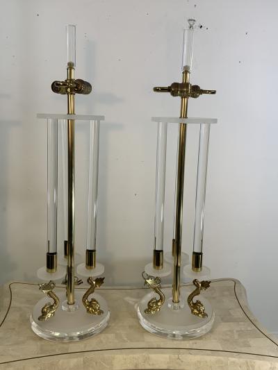 Maison Charles CLEAR FROSTED LUCITE WITH BRASS DOLPHIN LAMPS IN THE MANNER OF MAISON CHARLES