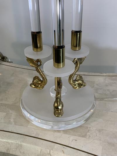 Maison Charles CLEAR FROSTED LUCITE WITH BRASS DOLPHIN LAMPS IN THE MANNER OF MAISON CHARLES