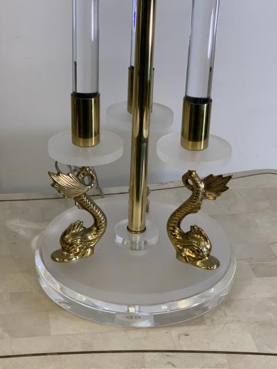 Maison Charles CLEAR FROSTED LUCITE WITH BRASS DOLPHIN LAMPS IN THE MANNER OF MAISON CHARLES