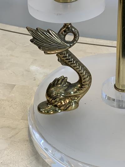 Maison Charles CLEAR FROSTED LUCITE WITH BRASS DOLPHIN LAMPS IN THE MANNER OF MAISON CHARLES