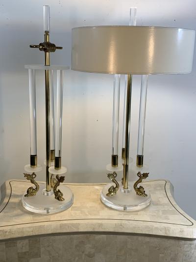 Maison Charles CLEAR FROSTED LUCITE WITH BRASS DOLPHIN LAMPS IN THE MANNER OF MAISON CHARLES