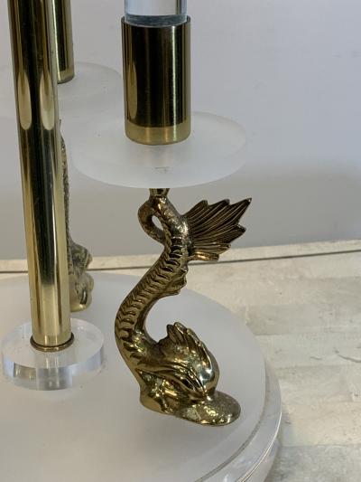 Maison Charles CLEAR FROSTED LUCITE WITH BRASS DOLPHIN LAMPS IN THE MANNER OF MAISON CHARLES