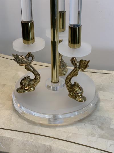 Maison Charles CLEAR FROSTED LUCITE WITH BRASS DOLPHIN LAMPS IN THE MANNER OF MAISON CHARLES