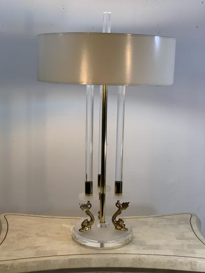 Maison Charles CLEAR FROSTED LUCITE WITH BRASS DOLPHIN LAMPS IN THE MANNER OF MAISON CHARLES