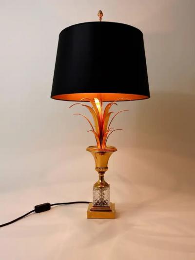Maison Charles Hollywood Regency Pineapple Leaf Gilt Brass and Glass Table Lamp France 1970s