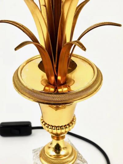 Maison Charles Hollywood Regency Pineapple Leaf Gilt Brass and Glass Table Lamp France 1970s