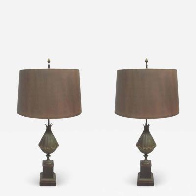Maison Charles Pair of French Modern Neoclassical Bronze Table Lamps Shades by Maison Charles