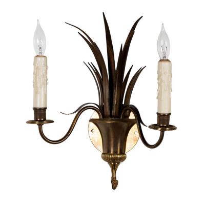 Maison Charles Pair of Maison Charles Brass Palm Leaf Light Sconces Hollywood Regency