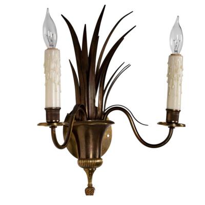 Maison Charles Pair of Maison Charles Brass Palm Leaf Light Sconces Hollywood Regency