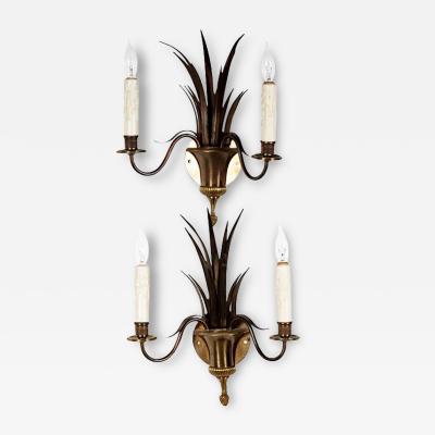 Maison Charles Pair of Maison Charles Brass Palm Leaf Light Sconces Hollywood Regency