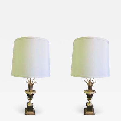 Maison Charles Pair of Midcentury Brass Pineapple Frond Table Lamps Maison Charles Attributed