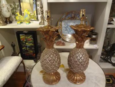 Maison Charles Pair of Vintage Italian Gilt Terracotta Pineapple Lamps