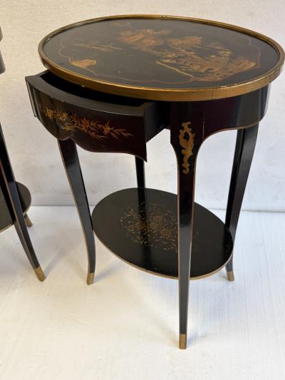 Maison Hirch Pair of bedside tables signed black lacquered with gilt Chinese decoration