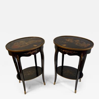Maison Hirch Pair of bedside tables signed black lacquered with gilt Chinese decoration