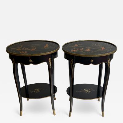 Maison Hirch Pair of bedside tables signed black lacquered with gilt Chinese decoration