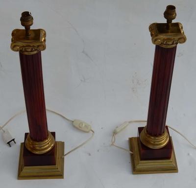 Maison Jansen 1950 1970 Pair of Maison Jansen Lamps Gilt Bronze and Bakelite Amber Color